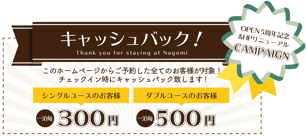 OPEN5周年記念&HPリニューアル キャッシュバックキャンペーン！